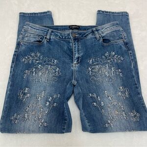 BEBE Blue Straight Leg Jeans with Floral Details. Size 32